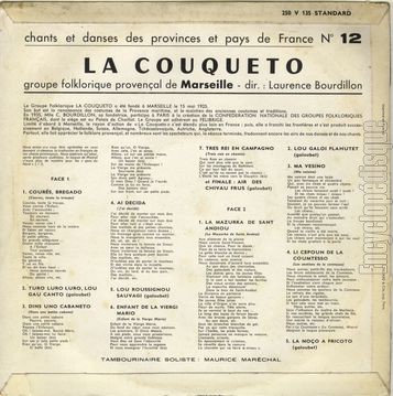 [Pochette de N 12 - La Couqueto (CHANTS ET DANSES DES PROVINCES ET PAYS DE FRANCE) - verso]