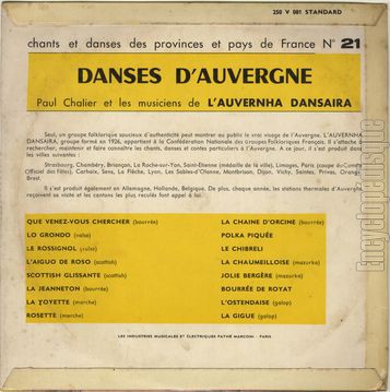 [Pochette de N 21 - Danses d’Auvergne (CHANTS ET DANSES DES PROVINCES ET PAYS DE FRANCE) - verso]