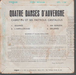 [Pochette de Quatre danses d’Auvergne (CABRETOU et ses pastrous cantalous) - verso]