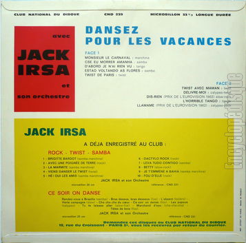 [Pochette de Dansez pour les vacances (Jack IRSA) - verso]