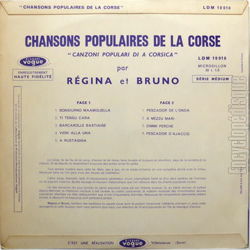 [Pochette de Chansons populaires de la Corse (RGINA et BRUNO) - verso]