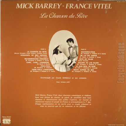 [Pochette de La chanson du rve (Mick BARREY - France VITEL) - verso]