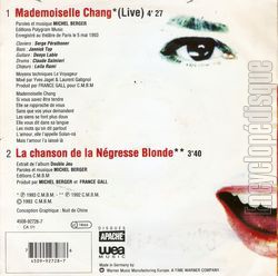 [Pochette de Mademoiselle Chang "live" (France GALL) - verso]