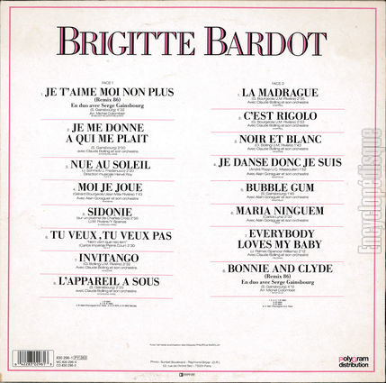 [Pochette de Compilation 1986 (Brigitte BARDOT) - verso]
