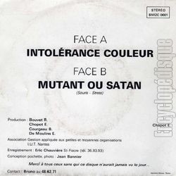 [Pochette de Intolrance couleur / Mutant ou Satan (SOURIS STRESS) - verso]