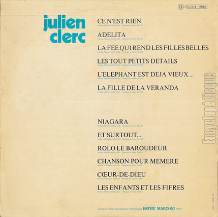 [Pochette de Troisime album (Julien CLERC) - verso]