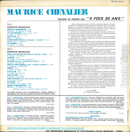 [Pochette de Raconte et chante ses 4 fois 20 ans (1968) - volume 5 (Maurice CHEVALIER) - verso]
