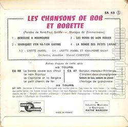 [Pochette de Les chansons de Bob et Bobette (Lisette JAMBEL et Jean-Pierre DUJAY) - verso]