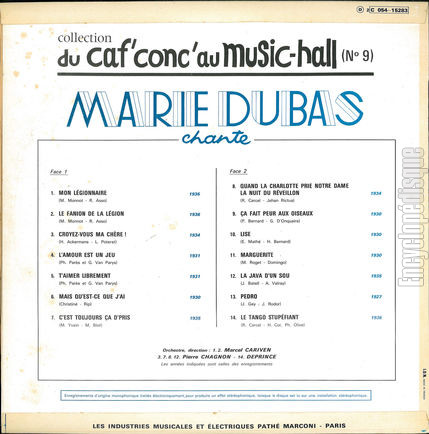 [Pochette de Du caf’ conc’ au music-hall - vol. 9 (Marie DUBAS) - verso]