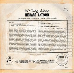 [Pochette de Walking alone (Richard ANTHONY) - verso]