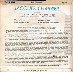 [Pochette de Jacques Charrier chante 4 chansons de Pierre Nicot (Jacques CHARRIER) - verso]