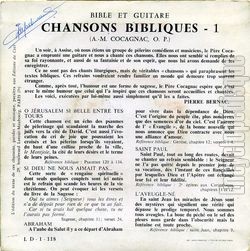 [Pochette de Chansons bibliques 1 (Auguste-Maurice COCAGNAC O.P.) - verso]