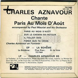 [Pochette de Charles Aznavour chante Paris au mois d’aot (Charles AZNAVOUR) - verso]
