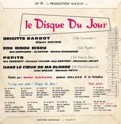 [Pochette de Le disque du jour n22 : Brigitte Bardot (COMPILATION) - verso]