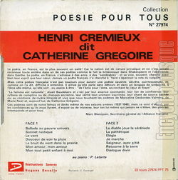[Pochette de Posie pour tous - Henri Crmieux dit Catherine Grgoire (DICTION) - verso]