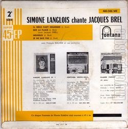 [Pochette de Simone Langlois chante Jacques Brel (Simone LANGLOIS et Jacques BREL) - verso]