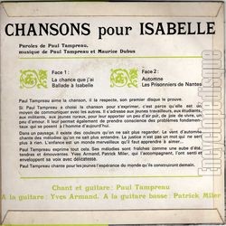 [Pochette de Chansons pour Isabelle (Paul TAMPREAU) - verso]