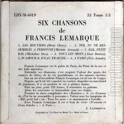 [Pochette de Six chansons de Francis Lemarque (COMPILATION) - verso]