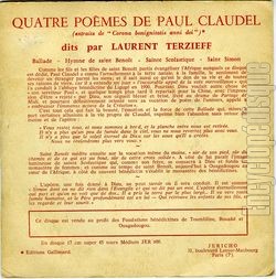 [Pochette de Quatre pomes de Paul Claudel (Laurent TERZIEFF) - verso]