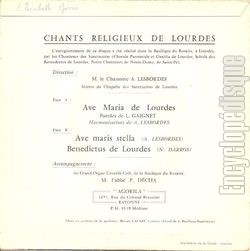[Pochette de Chants religieux de Lourdes (RELIGION) - verso]