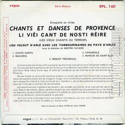 [Pochette de Provence - chants et danses - (Lou VELOU D’ARL avec les tambourinaires de pays d’Arles) - verso]