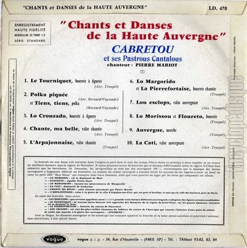[Pochette de Chants et danses de la haute Auvergne (CABRETOU et ses pastrous cantalous) - verso]