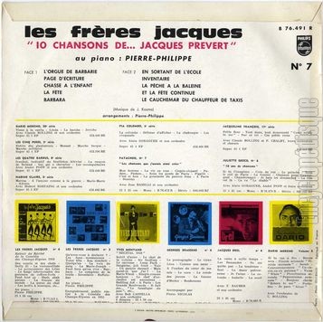 [Pochette de 10 chansons de… Jacques Prvert (Les FRRES JACQUES) - verso]
