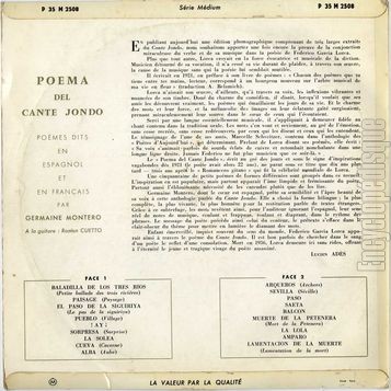 [Pochette de Federico Garcia Lorca - Poema del cante jondo (pome du chant profond) - (Germaine MONTERO) - verso]