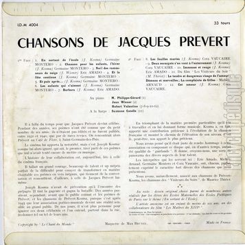 [Pochette de Chansons de Jacques Prvert (COMPILATION) - verso]