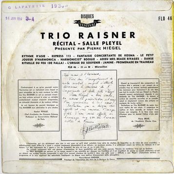 [Pochette de Récital d’harmonica - Salle Pleyel 1954 (TRIO RAISNER) - verso]