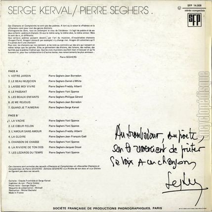 [Pochette de Serge Kerval / Pierre Seghers (Serge KERVAL) - verso]
