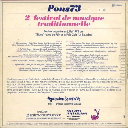 [Pochette de Pons 73 - 2me festival de musique traditionnelle (COMPILATION) - verso]