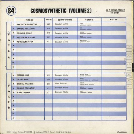 [Pochette de Cosmo-synthetic vol. 2 - Vol. 84 - (TL MUSIC) - verso]