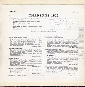 [Pochette de Chansons 1925 (COMPILATION) - verso]