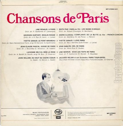 [Pochette de Chansons de Paris (COMPILATION) - verso]