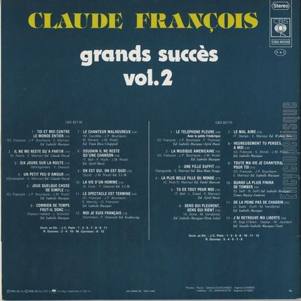 [Pochette de Grands succs vol. 2 (Claude FRANOIS) - verso]