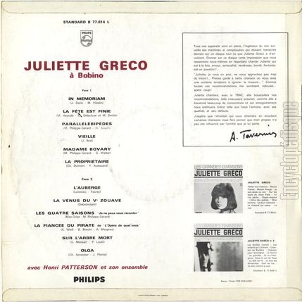 [Pochette de Juliette Grco  Bobino (Juliette GRCO) - verso]