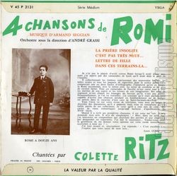 [Pochette de 4 chansons de Romi (Colette RITZ) - verso]