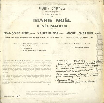[Pochette de Chants sauvages de Marie Nol (CHORALE DES JEUNESSES MUSICALES DE FRANCE) - verso]