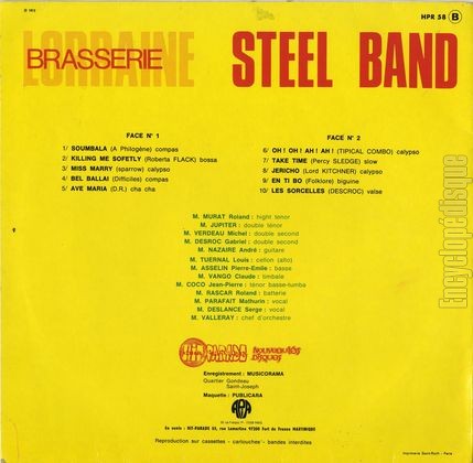 [Pochette de Brasserie Lorraine Steel Band (BRASSERIE LORRAINE STEEL BAND) - verso]