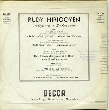 [Pochette de Ses oprettes - Ses chansons (Rudy HIRIGOYEN) - verso]