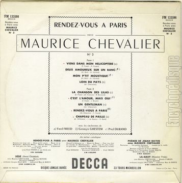 [Pochette de Rendez-vous  Paris - 3 - (Maurice CHEVALIER) - verso]