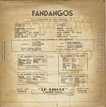 [Pochette de Bal champtre au Pays Basque n 3 - Fandangos (l’orchestre RAMUNTCHO (de Saint-Jean-Pied-De-Port)) - verso]