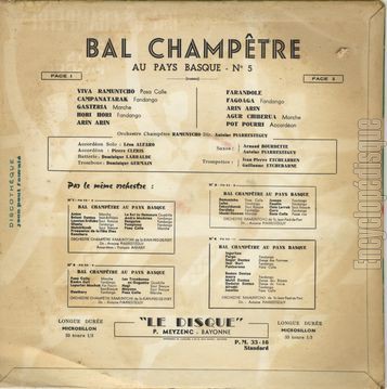 [Pochette de Bal champtre au Pays Basque n 5 - Farandole (l’orchestre RAMUNTCHO (de Saint-Jean-Pied-De-Port)) - verso]