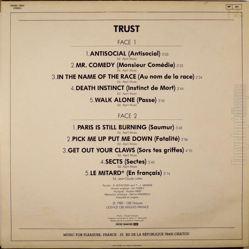 Antisocial - Trust en anglais - - TRUST (verso)
