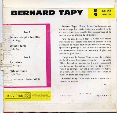 Je ne crois plus les filles - Bernard TAPY (verso)