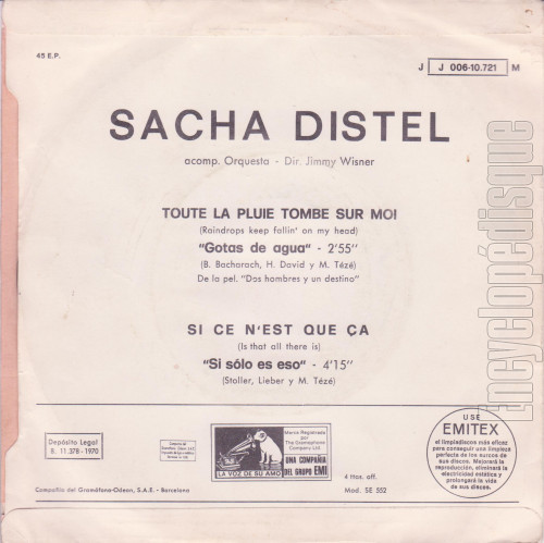 Toute la pluie tombe sur moi - Sacha DISTEL (verso)