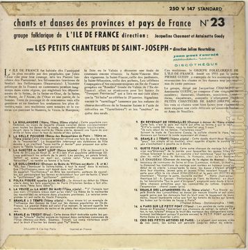 [Pochette de N 23 - Groupe folklorique de l’Ile De France (CHANTS ET DANSES DES PROVINCES ET PAYS DE FRANCE) - verso]