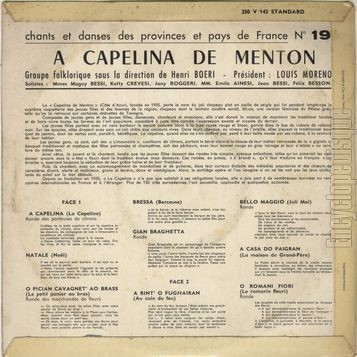 [Pochette de N 19 - A Capelina de Menton (CHANTS ET DANSES DES PROVINCES ET PAYS DE FRANCE) - verso]