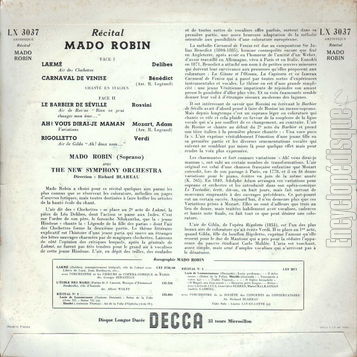[Pochette de Rcital N 1 (Mado ROBIN) - verso]
